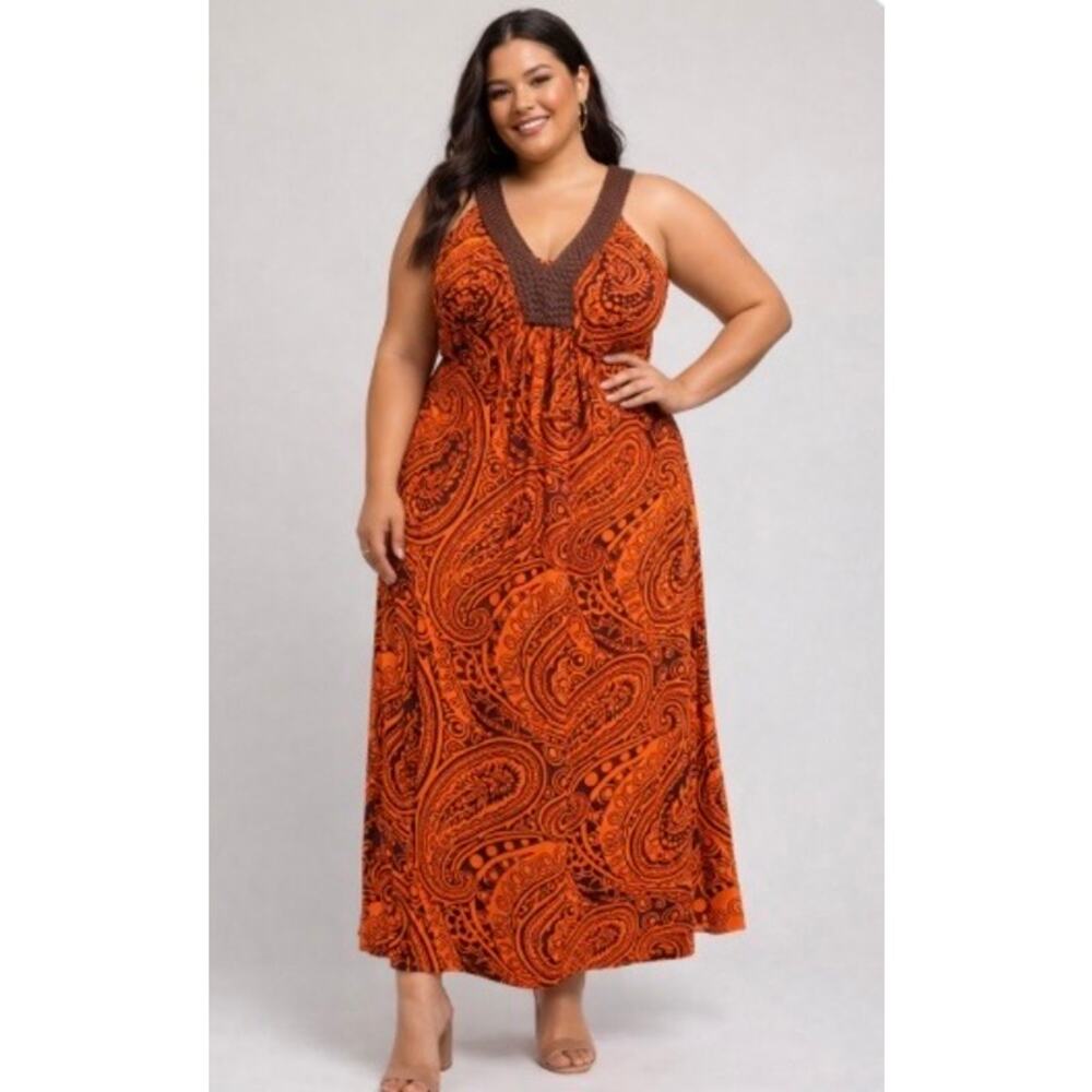 Bisou Bisou Dress Womens 16 Orange Paisley Boho Sleeveless Braided Neck Stretch